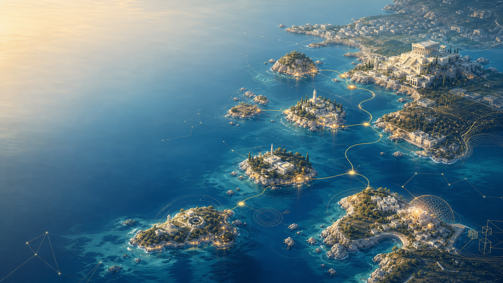 Illustrated Aegean island voyage at golden hour, glowing routes connecting islands toward a classical city